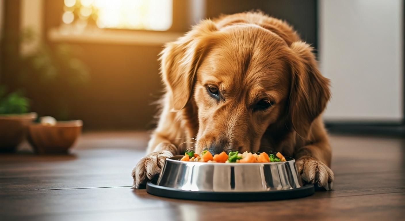 Cão comendo alimentação natural em uma tigela