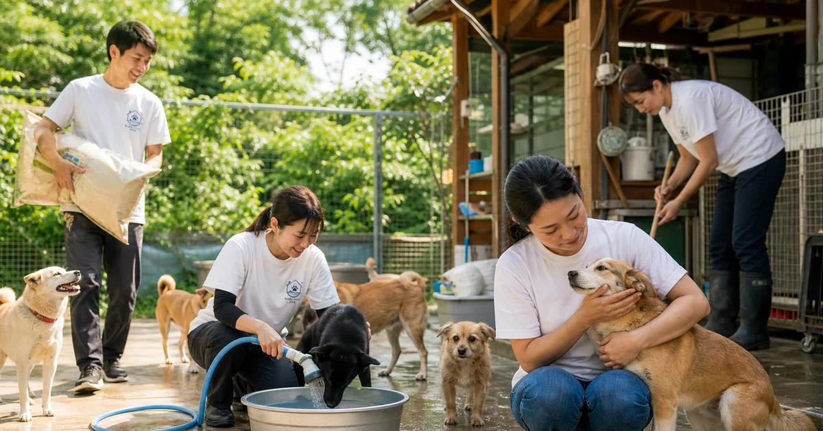 Cuidadores alimentando e cuidando de cães